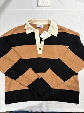 Old Navy Women’s Black & Brown Striped Rugby Sweater with Cream Collar, M Tall